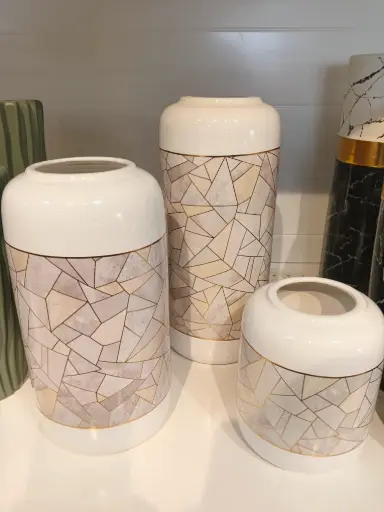 VASE FLEUR DORE GRIS BLANC  3 PIECES