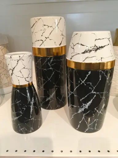 VASE FLEUR NOIR BLANC DORE  CERCLE 3 PIECES